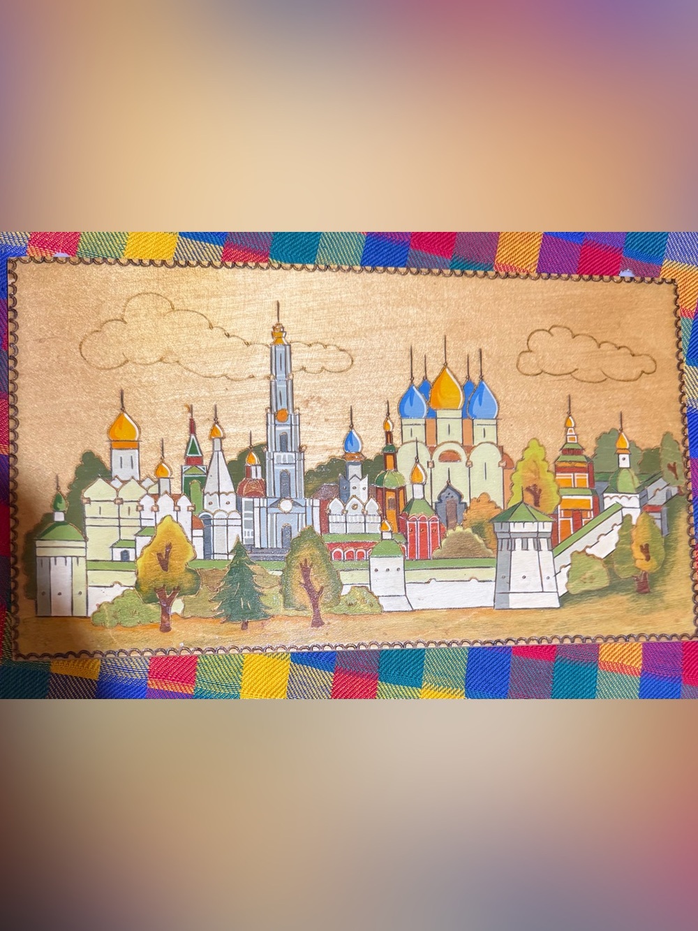 Vintage Russian Hand-Painted Wooden Plaque From Russia